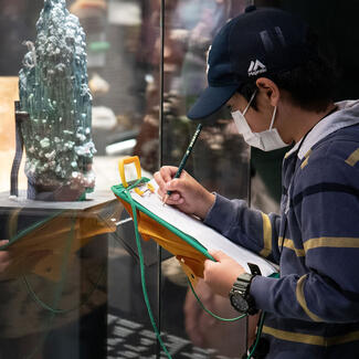 Student sketching an exhibit object at AMNH